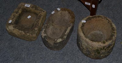 Lot 1276 - Three weathered stone bird baths, 24cm by 30cm by 26cm each