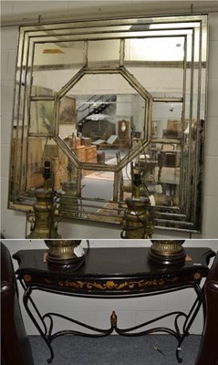 Lot 1332 - A modern square sectional mirror with distressed glass, 122cm, together with a modern parcel...