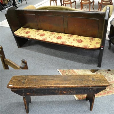 Lot 1338 - A Victorian pine church pew, 189cm by 35cm by 96cm h; together with a 19th century elm bench...