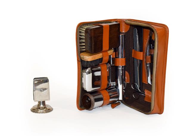 Lot 3 - Bentley Interest: A Circa 1940/50 Brown Leather Motorist's Travelling Grooming Set, with zip...