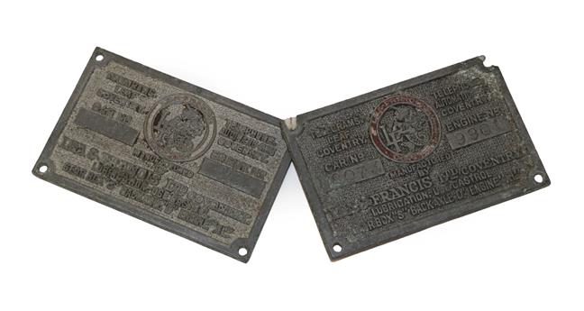 Lot 13 - Two Lea-Francis Pressed Metal Telegram Leaf or Chassis Plates, one stamped 181279981, the other...