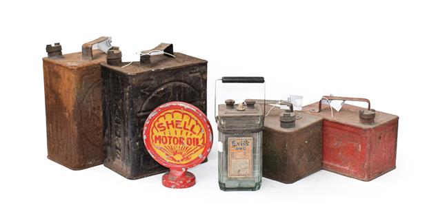 Lot 29 - ~ Two Pratts Metal Fuel Cans, 28cm high; A Smaller Red Painted Pratts Fuel Can; A Green Painted...