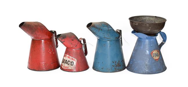 Lot 34 - ~ A Red Painted 1 Gallon Oil Pourer; A Blue Painted Example; A Fina Example; A Texaco 2 Litre...