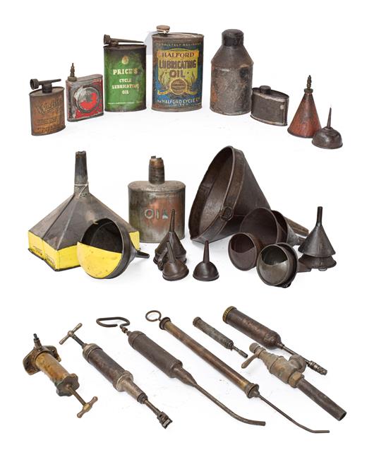Lot 36 - ~ Eleven Assorted Vintage Oil Funnels; A Copper Oil Can; Eight Assorted Lubricating Cans, including