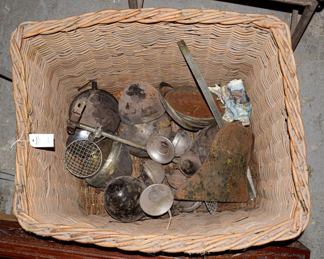 Lot 43 - ~ A Large Wicker Basket, containing assorted pre-war headlamps, horns, Austin hub caps etc