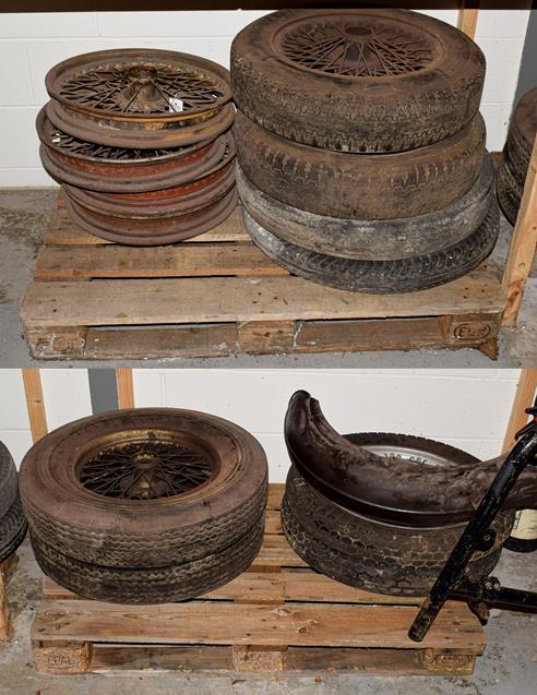 Lot 44 - ~ Eleven Assorted Vintage Wirework Car Wheels, eight with rubber tyres (a/f)
