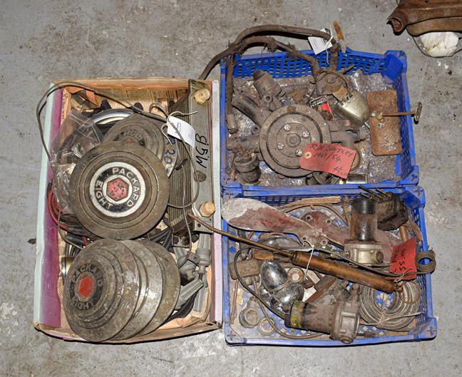 Lot 48 - ~ Three Boxes of Assorted Car Spares, to include five Packard Eight wheel hubs, MGB spares, oil...