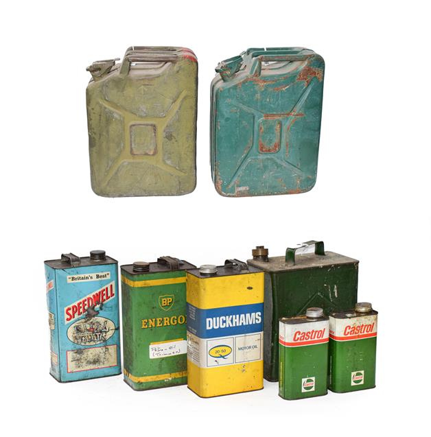 Lot 55 - Two Green Painted 20 Litre Fuel Cans, with moulded carrying handle and hinged pouring spout; A...