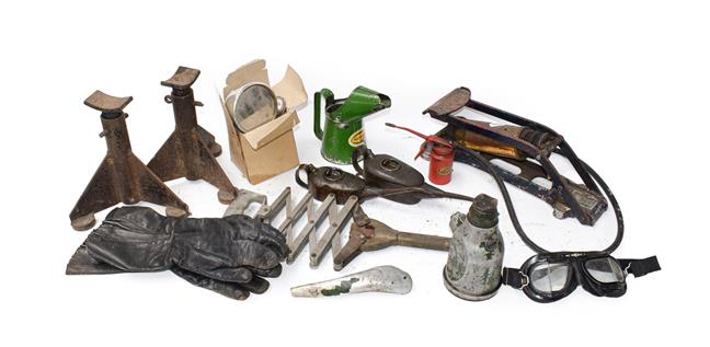 Lot 56 - A Collection of Automobilia, to include a pair of metal car axel stands, a 1 tonne Lake &...