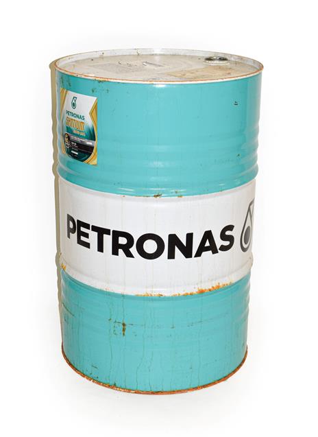 Lot 64 - Petronas: A 200 Litre Cylindrical Oil Drum, empty, painted green and white, 88cm high