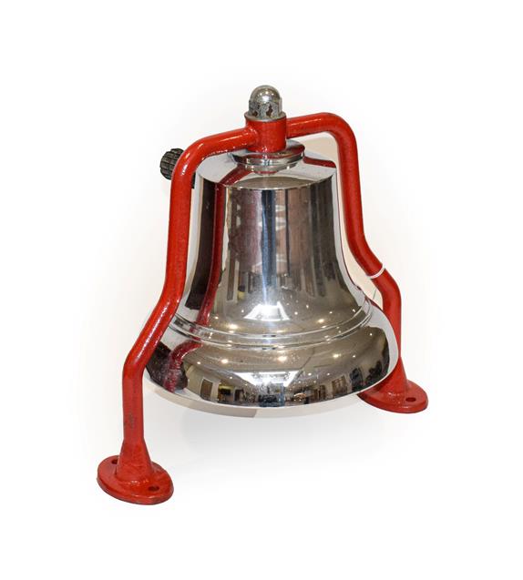 Lot 74 - A Chromed Brass Fire Engine Bell, 3rd quarter 20th century, with red painted mounting bracket, 36cm