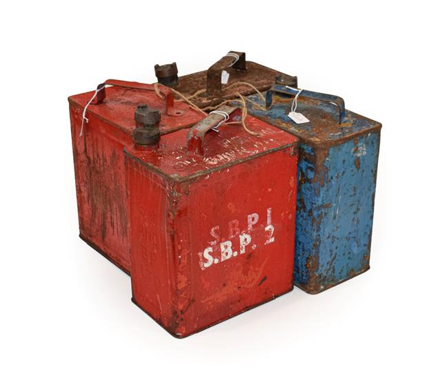 Lot 81 - Four 2 Gallon Fuel Cans, comprising red painted BP (x2), Pratts, and blue painted Esso, each...