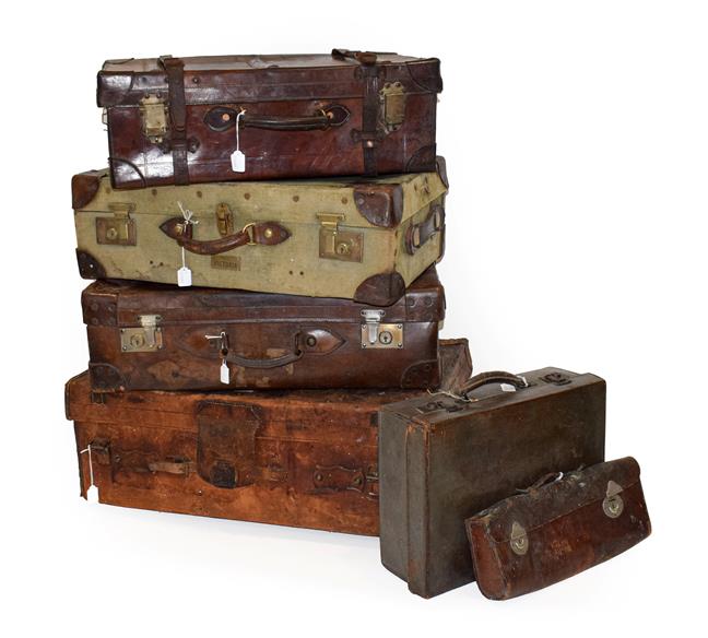 Lot 96 - A Large Leather Folding Gladstone Bag; Two Vintage Leather Suitcases; A Green Canvas and Brown...