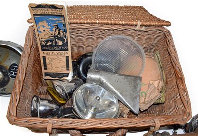 Lot 97 - Assorted Vintage Car Spares, in a wicker basket, to include an instrument panel with speedo, a...