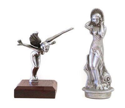 Lot 133 - A Nickel Plated Accessory Car Mascot, as a winged nude female, diving with arms outstretched,...
