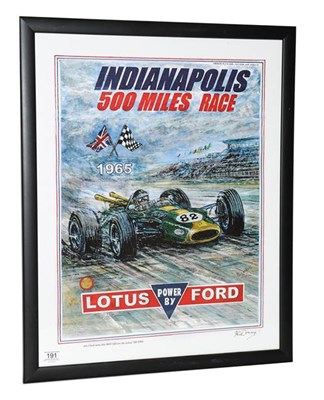 Lot 191 - Phil May (b.1925)  Jim Clark Wins The Indy, Lotus-Ford 1965  Giclee poster print on canvas, signed