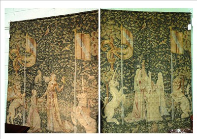 Lot 1474 - Pair of Brussels Style Tapestries  Each depicting noble ladies flanked by a lion and a unicorn...