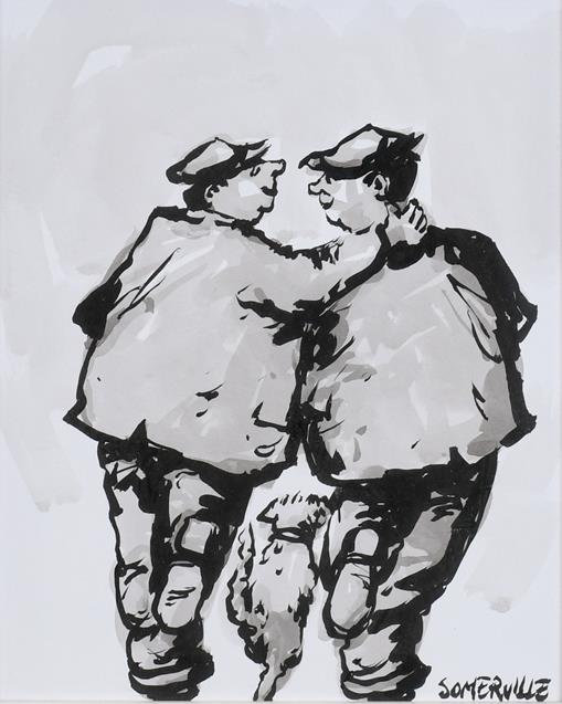 Lot 2054 - George Somerville (b.1947) Two men and a dog Signed, ink and wash, 25cm by 20.5cm  Artist's...