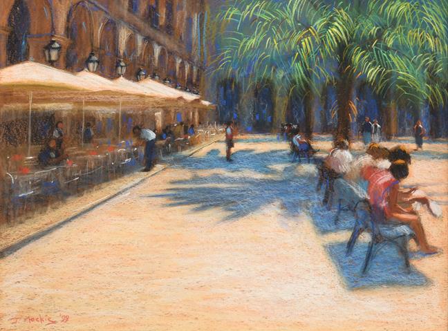 Lot 2060 - John Mackie (b.1955) ''Place Royale, Barcelona'' Signed and dated (19)99, pastel, 57cm by 78cm...