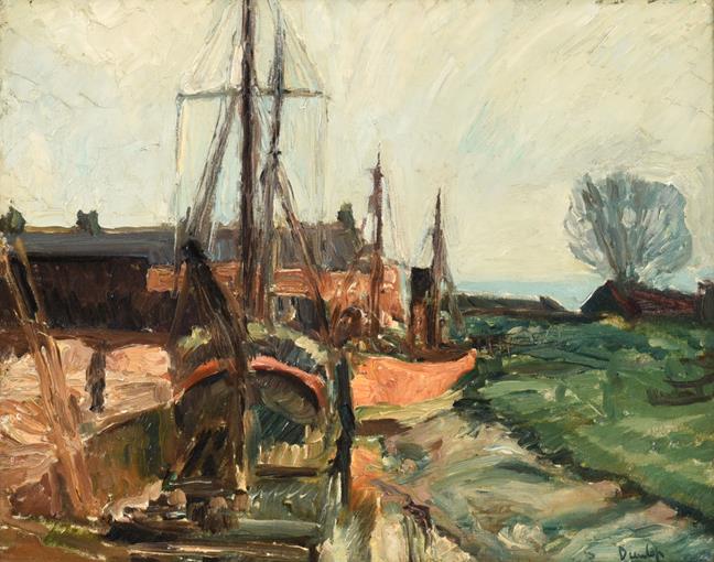 Lot 2062 - Ronald Ossory Dunlop RA (1894-1973) Irish Boatyard  Signed, oil on canvas, 39.5cm by 50cm...