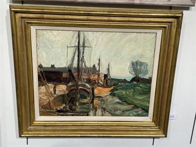 Lot 2062 - Ronald Ossory Dunlop RA (1894-1973) Irish Boatyard  Signed, oil on canvas, 39.5cm by 50cm...
