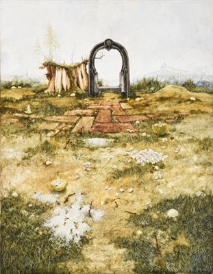 Lot 2077 - John Ridgewell (1937-2004) Landscape with archway and wasps Signed, oil on canvas, 91cm by 71cm...