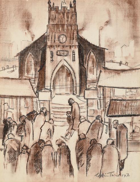 Lot 2079 - William Ralph Turner FRSA (1920-2013) Figures before a church  Signed and dated 1970, pencil...