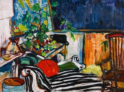 Lot 2106 - Elizabeth Knapp (20th century) Interior scene with striped chaise longue Oil on board, 45cm by 61cm