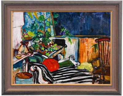 Lot 2106 - Elizabeth Knapp (20th century) Interior scene with striped chaise longue Oil on board, 45cm by 61cm