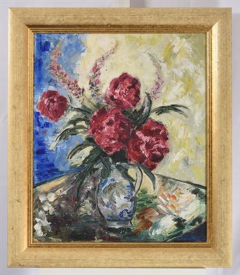 Lot 2113 - John Houston OBE RSA (1930-2008) Still life of Peonies and Delphiniums in a ceramic jug Signed,...