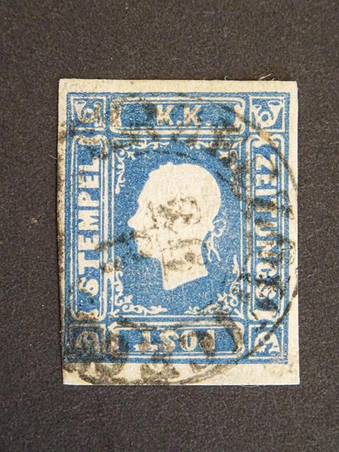 Lot 2055 - Austria. 1858 (1k.05) blue newspaper stamp, SG.N28, used with neat cds, strong colour, four...
