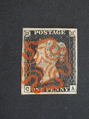 Lot 2161 - 1840 1d black plate 1b, beautiful example with 4 mostly large margins and ideal strike of red...