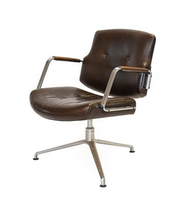Lot 1195 - A 1970's Button brown Leather and Steel Office Chair, three prong base, labelled Kill international