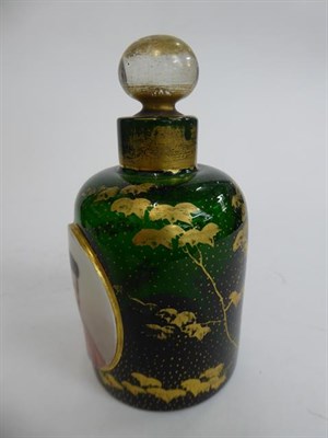 Lot 3 - Three Differing Green Glass Scent-Bottles, each cylindrical and with gilt heightened...
