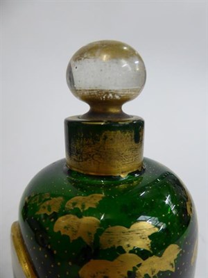 Lot 3 - Three Differing Green Glass Scent-Bottles, each cylindrical and with gilt heightened...