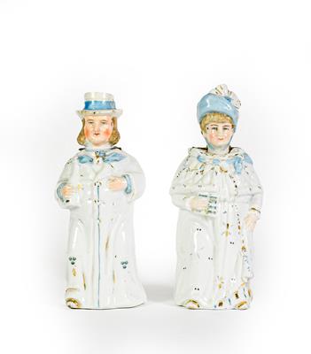 Lot 4 - A pair of Ceramic figures, modelled as a man and female, each with white bodies heightened with...