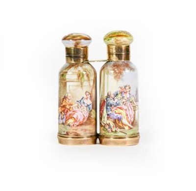 Lot 6 - A Gilt-Metal Mounted Ceramic Double Scent-Bottle, each side tapering and decorated with figures...