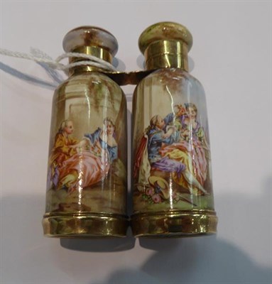 Lot 6 - A Gilt-Metal Mounted Ceramic Double Scent-Bottle, each side tapering and decorated with figures...