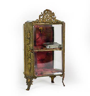 Lot 8 - A Gilt-Metal Mounted Miniature Display Cabinet, on scroll feet, with ribbon-tied love trophy...