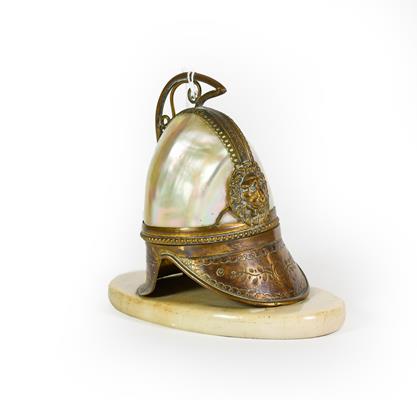 Lot 10 - A Gilt-Metal and Shell-Mounted Watch-Stand, in the form of a helmet, the hinged cover opens to...