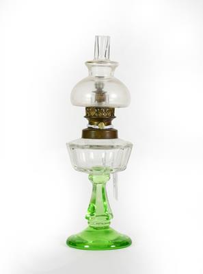 Lot 15 - A Gilt-Metal Mounted Clear and Green Glass Scent-Bottle, in the form of an oil lamp, 18cm high