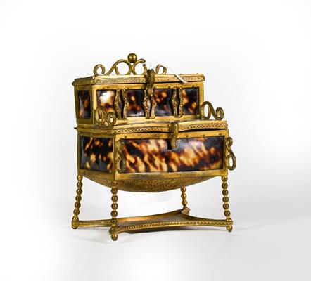 Lot 19 - A Brass-Mounted Faux Tortoiseshell Box, in the form of a desk, hinged in two places which open...
