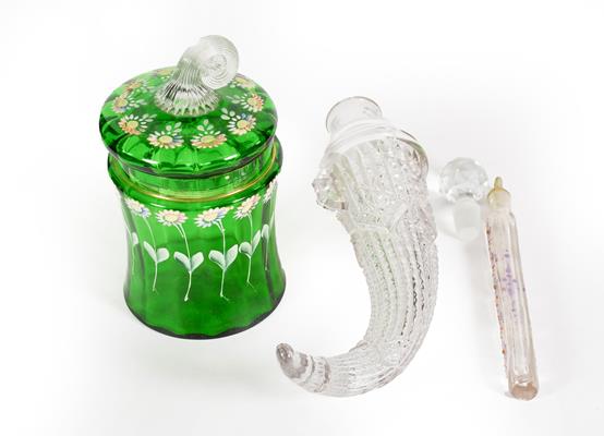 Lot 22 - Two Glass Scent-Bottles, one in the form of a cornucopia, the other of square section and with...