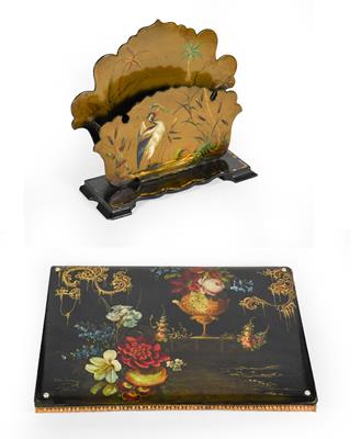 Lot 27 - A Victorian Papier Mache Letter Rack and Desk-Blotter, the letter-rack painted with a bird catching