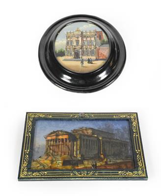 Lot 28 - Two reverse painted glass pictures, one oval depicting the Maison Rubens, in black painted...