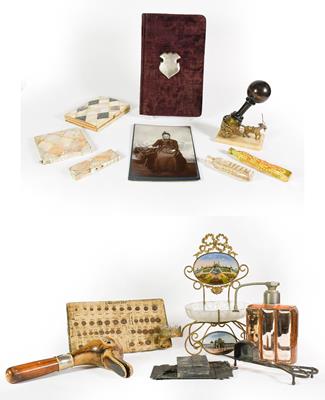 Lot 31 - A Collection of Assorted Items, including: a gilt-metal stand, the back and base each with a glazed