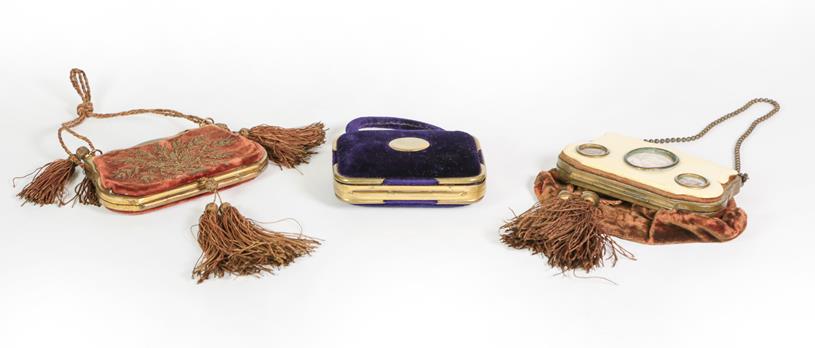 Lot 32 - Three Brass-Mounted Velvet Purses, two cartouche shaped and with tassels, one stitched with foliage
