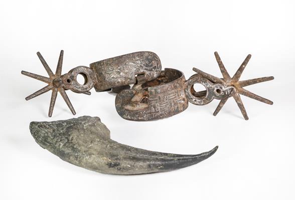 Lot 33 - Two Steel Spurs, Possibly South American, with differing decoration; Together With: a...