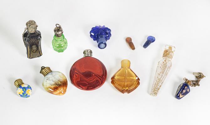 Lot 35 - Seven Various Glass Scent-Bottles, various shapes, including: a circular red aventurine glass...