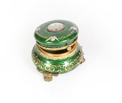 Lot 36 - A Gilt-Metal and Enamel Box, bombe circular, overall enameled in green and decorated with putto...